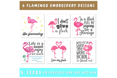 Flamingo Embroidery Designs Bundle - 6 Designs, Flamingo Quotes PES