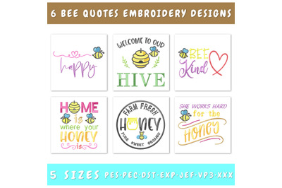Bee Quotes Embroidery Designs Bundle - 6 Designs, Bee Embroidery PES
