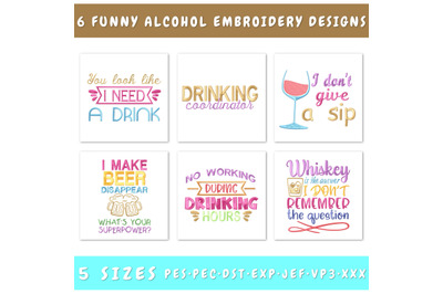 Funny Alcohol Embroidery Designs Bundle - 6 Designs, Drinking Coordina