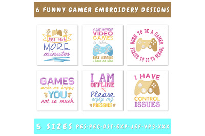 Funny Gamer Embroidery Designs Bundle - 6 Machine Files, PES, JEF File