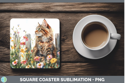 Maine Coon Square Coaster Fence Cats Sublimation Drink Mat D
