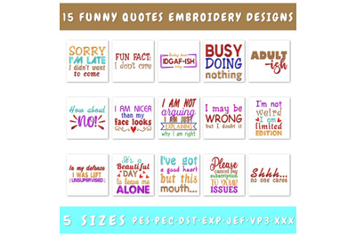 Funny Embroidery Designs Bundle - 15 Designs, Sarcastic Quotes PES