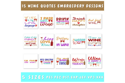 Wine Quotes Embroidery Designs Bundle  15 Funny Wine Sayings