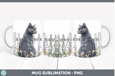 Russian Blue Mug Wrap Fence Cats Sublimation Coffee Cup Desi