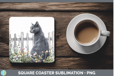 Russian Blue Square Coaster Fence Cats Sublimation Drink Mat