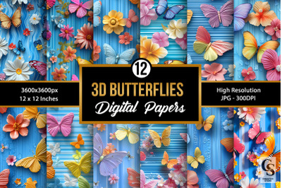 Colorful 3D Butterflies Seamless Patterns
