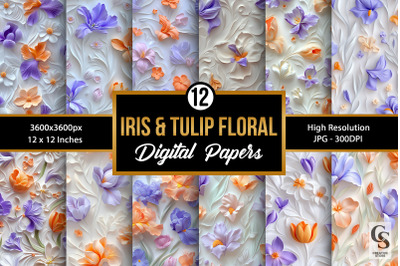3d Iris &amp; Tulip Flowers Seamless Patterns