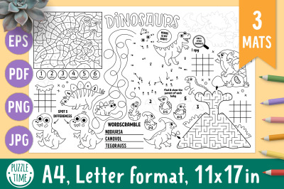 Dinosaur coloring activity play mats. Prehistoric placemats collection