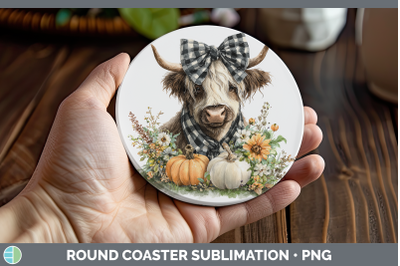 Highland Cow Round Coaster Animals Autumn Pumpkin Sublimatio