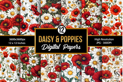 Daisy &amp; Poppy Flowers Seamless Patterns