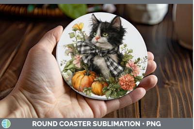 Kitten Round Coaster Animals Autumn Pumpkin Sublimation Coas