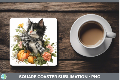Kitten Square Coaster Animals Autumn Pumpkin Sublimation Dri