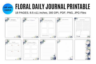 Floral Daily Journal Printable | 18 Page PDF + Canva Template | A4/US