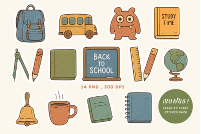 Back to School Hand Drawn Clipart and Stickers. School Supplies