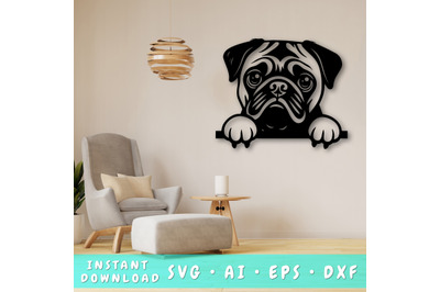 Peeking Pug Laser SVG, Cute Dog Laser Cut, Pet Lover Design