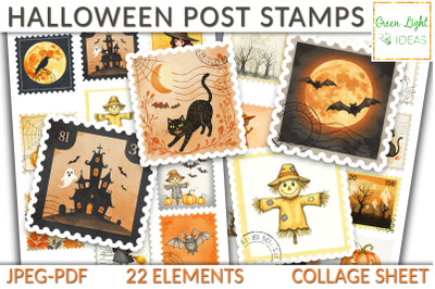 Halloween Postage Stamps Collage Sheet, Halloween Junk Journal Sticker