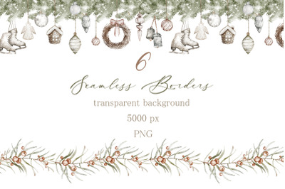 Boho Christmas Watercolor Borders  Scandinavian Seamless Clipart