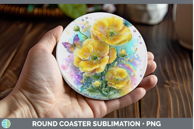 Buttercup Round Coaster Flowers 01 Rainbow Summer Sublimatio