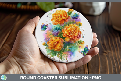 Marigold Round Coaster Flowers 01 Rainbow Summer Sublimation