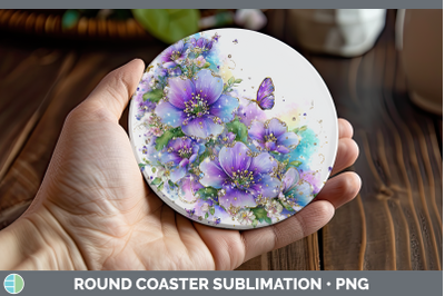 Periwinkle Round Coaster Flowers 01 Rainbow Summer Sublimati