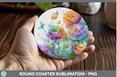 Ranunculus Round Coaster Flowers 01 Rainbow Summer Sublimati