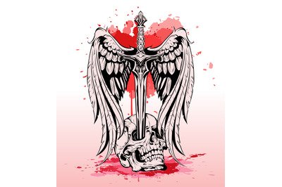 Head Skull and Sword Tattoo Design