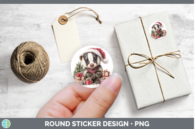 Woodland Christmas Santa Badger Stickers | Round Labels Desi