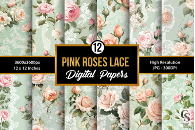 Pastel Pink Roses &amp; Green Lace Patterns