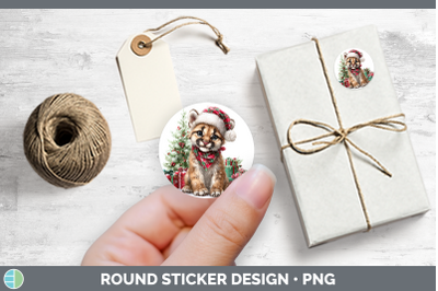 Woodland Christmas Santa Cougar Stickers | Round Labels Desi
