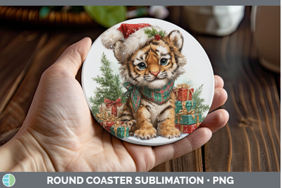Tiger Round Coaster Christmas Santa Hat Sublimation Coaster