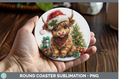 Highland Cow Round Coaster Christmas Santa Hat Sublimation C