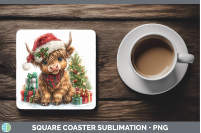 Highland Cow Square Coaster Christmas Santa Hat Sublimation