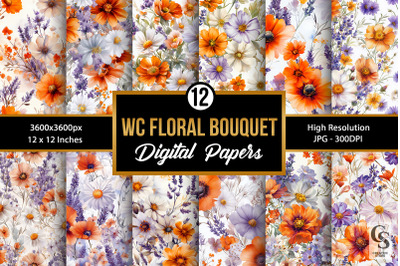 Purple Orange Watercolor Floral Bouquet Seamless Patterns