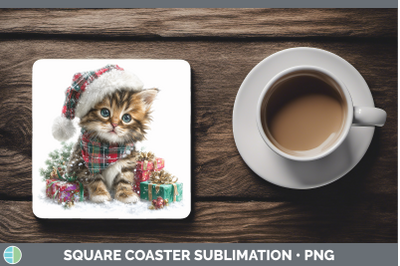 Kitten Square Coaster Christmas Santa Hat Sublimation Drink