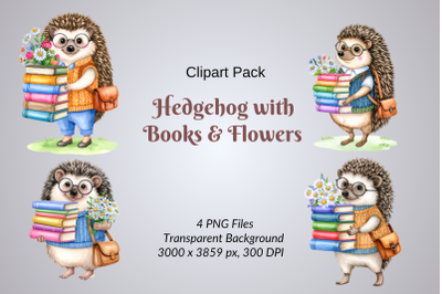 Hedgehog with Books &amp; Flowers Clipart