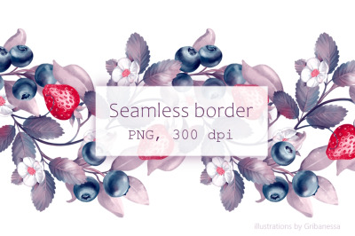 Hand-Drawn Berry &amp; Leaf Seamless Border - Digital PNG