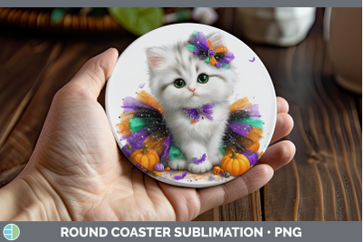 White Cat Round Coaster Cats Halloween Sublimation Coaster D