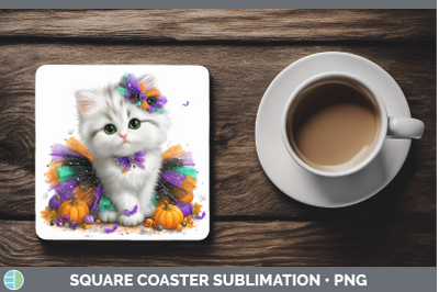 White Cat Square Coaster Cats Halloween Sublimation Drink Ma