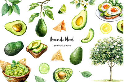 Watercolor avocado clipart. Fresh whole and sliced avocado fruit, tree