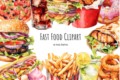 Watercolor fast food clipart. Street food 15 PNG pizza, hamburger