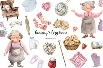 Watercolor grannys cozy home clipart. Best grandma PNG.