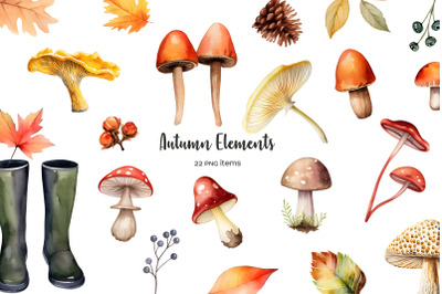Watercolor mushrooms clipart. Watercolor autumn elements clip art