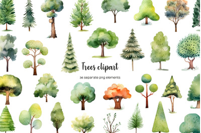 Watercolor trees clipart. Watercolor forest clip art. Woodland landsca