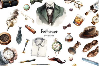 Watercolor gentleman clipart. Gentleman wardrobe hat, glasses, tie