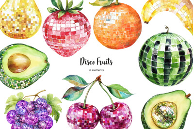 Watercolor fruits disco ball clipart 14 rainbow disco balls