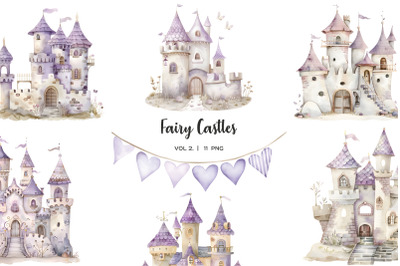 Watercolor purple castles clipart. Fairytale princess castles PNG