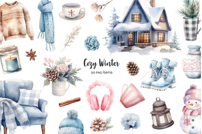 Watercolor winter clipart. Cozy winter clip art.