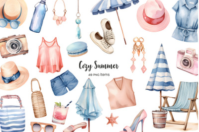 Watercolor summer clipart. Summer beach clip art. Seasonal bundle Summ