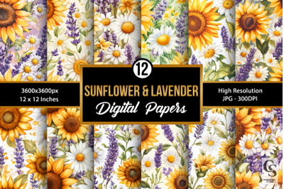 Summer Watercolor Sunflowers &amp; Lavender Floral Patterns