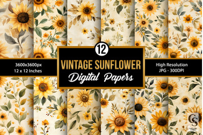 Vintage Watercolor Sunflowers Seamless Patterns